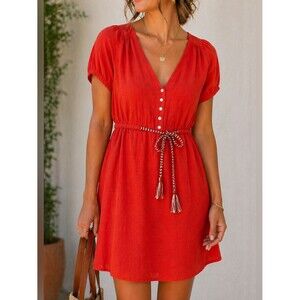 J. Crew Red Orange Cotton Dress Tie Waist V Neck Button Front Lined Size 8